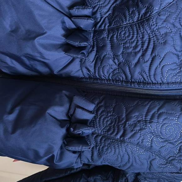 Brand new textured blue winter coat with bows and fur lined hood. - Picture 3 of 4